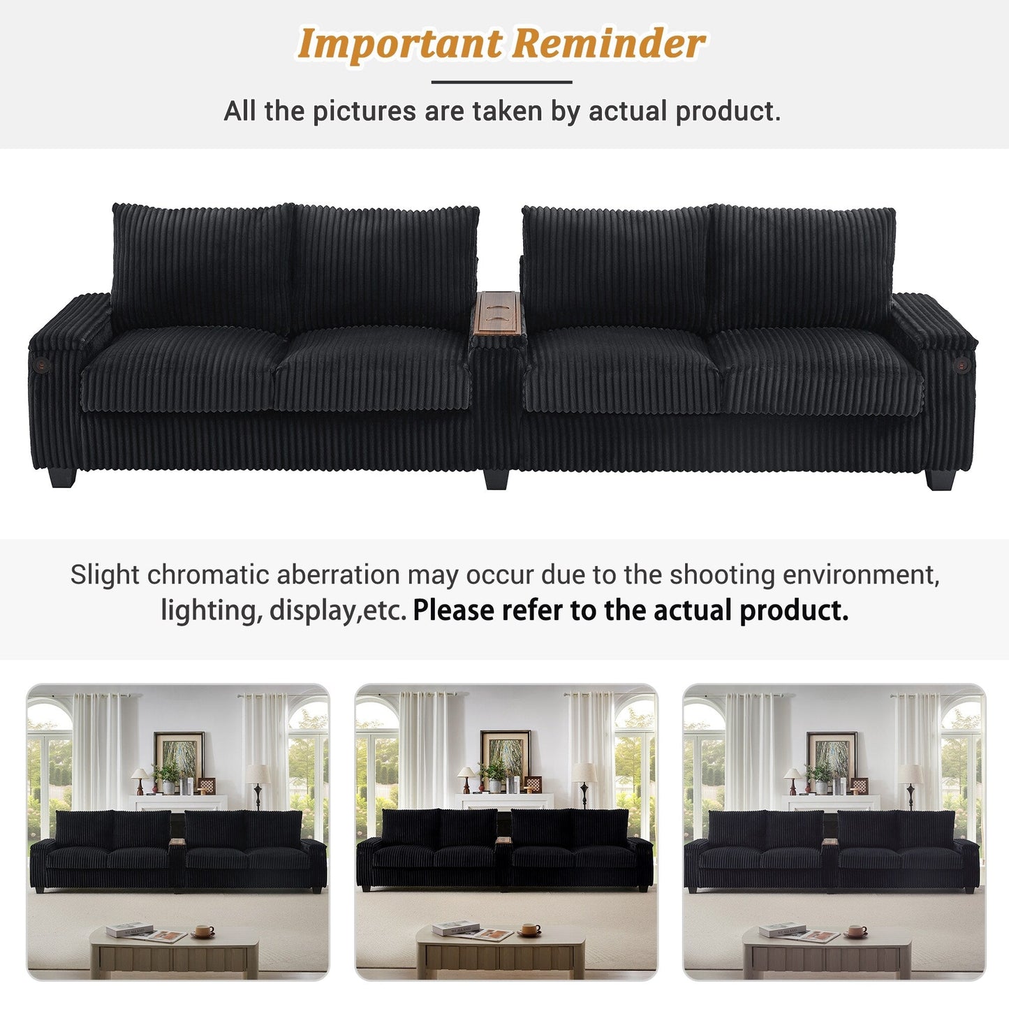 133 Corduroy 4-Seater Sofa with USB Ports, Flip-Top Cup Holders, and Hidden Storage