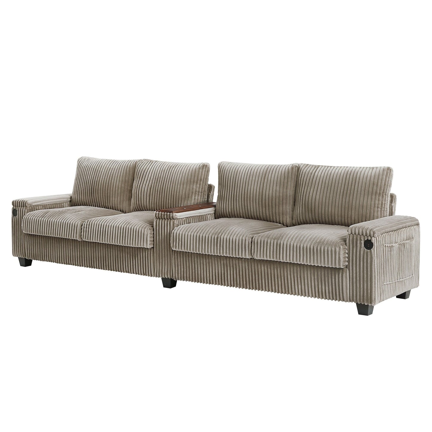 133 Corduroy 4-Seater Sofa with USB Ports, Flip-Top Cup Holders, and Hidden Storage