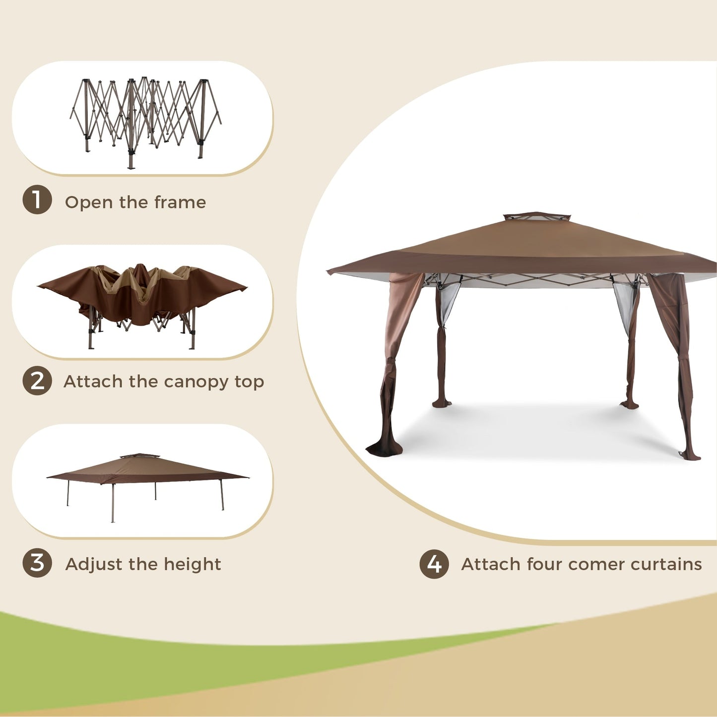 13' x 13' Outdoor-Überdachung, Terrassenpavillon, verstärktes Garten-Pop-up-Überdachungszelt mit elegantem Eckvorhang – 13 x 13 Fuß