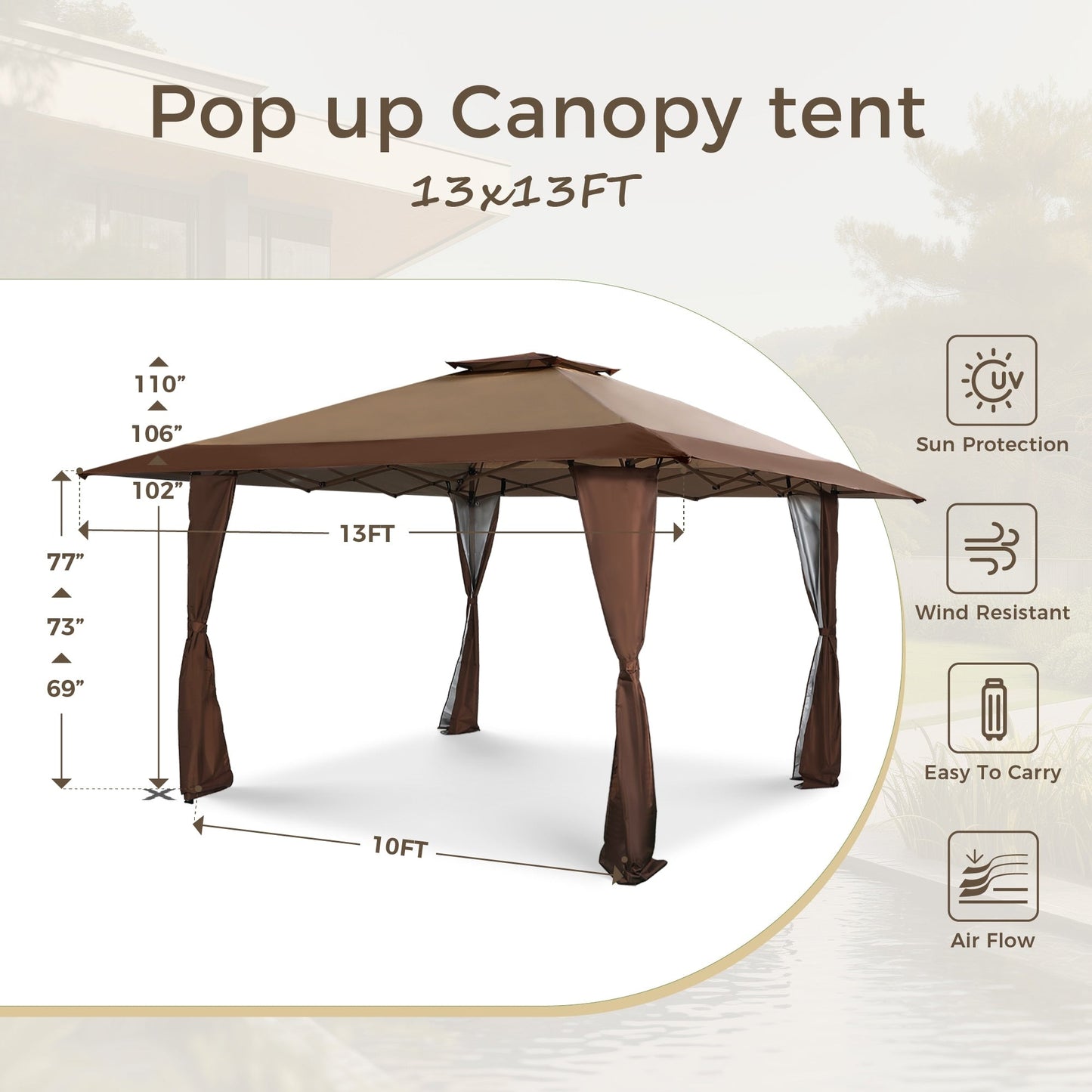 13' x 13' Outdoor-Überdachung, Terrassenpavillon, verstärktes Garten-Pop-up-Überdachungszelt mit elegantem Eckvorhang – 13 x 13 Fuß