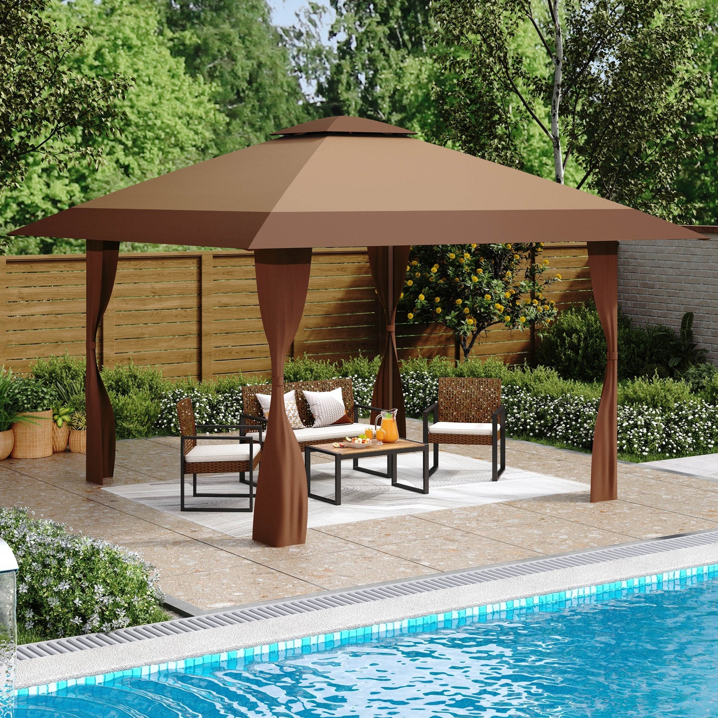 13' x 13' Outdoor-Überdachung, Terrassenpavillon, verstärktes Garten-Pop-up-Überdachungszelt mit elegantem Eckvorhang – 13 x 13 Fuß