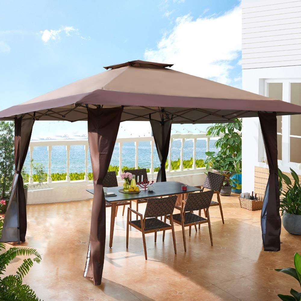 13' x 13' Outdoor-Überdachung, Terrassenpavillon, verstärktes Garten-Pop-up-Überdachungszelt mit elegantem Eckvorhang – 13 x 13 Fuß
