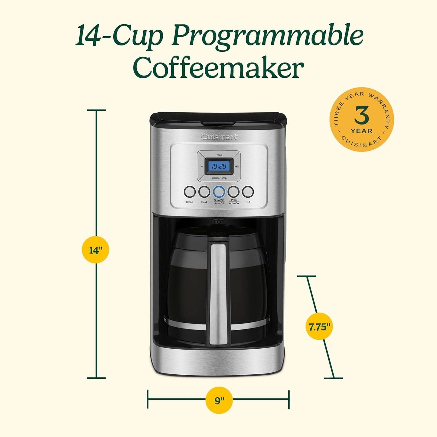 Programmierbare Kaffeemaschine für 14 Tassen, Glaskaraffe, Brühstärkeregelung, Einstellung für 1–4 Tassen, Edelstahl