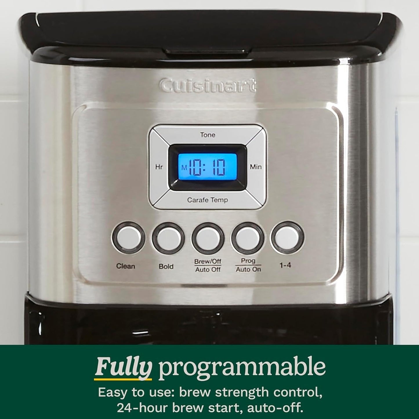Programmierbare Kaffeemaschine für 14 Tassen, Glaskaraffe, Brühstärkeregelung, Einstellung für 1–4 Tassen, Edelstahl