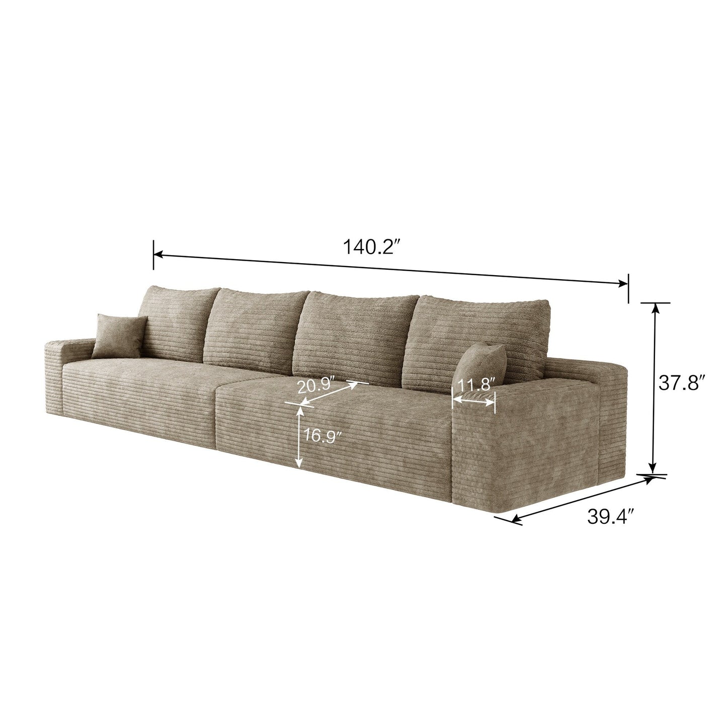 140Foam 5-Seater Sofa - Plush Corduroy Cloud Couch with Recliner and High-Resilience Foam