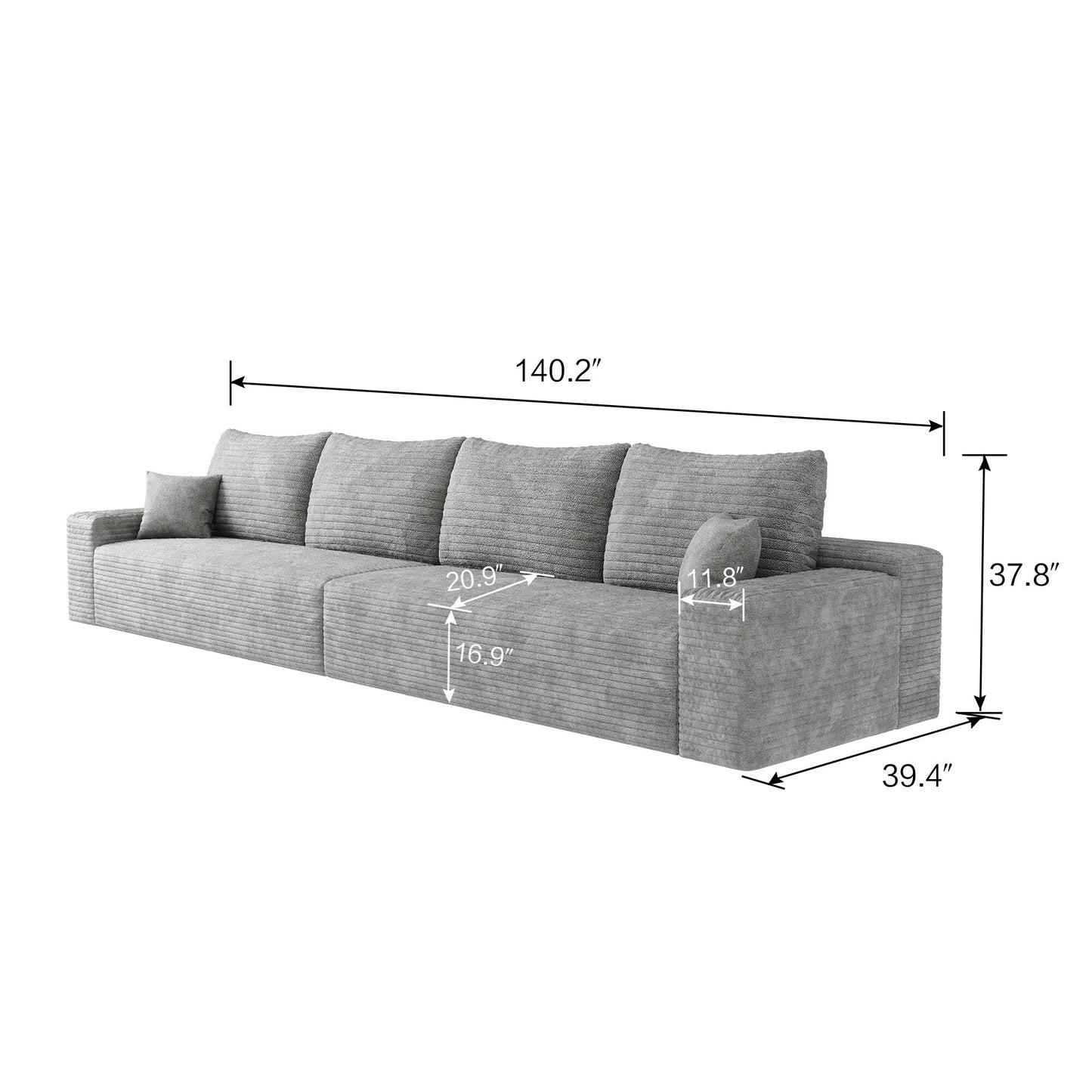140Foam 5-Seater Sofa - Plush Corduroy Cloud Couch with Recliner and High-Resilience Foam