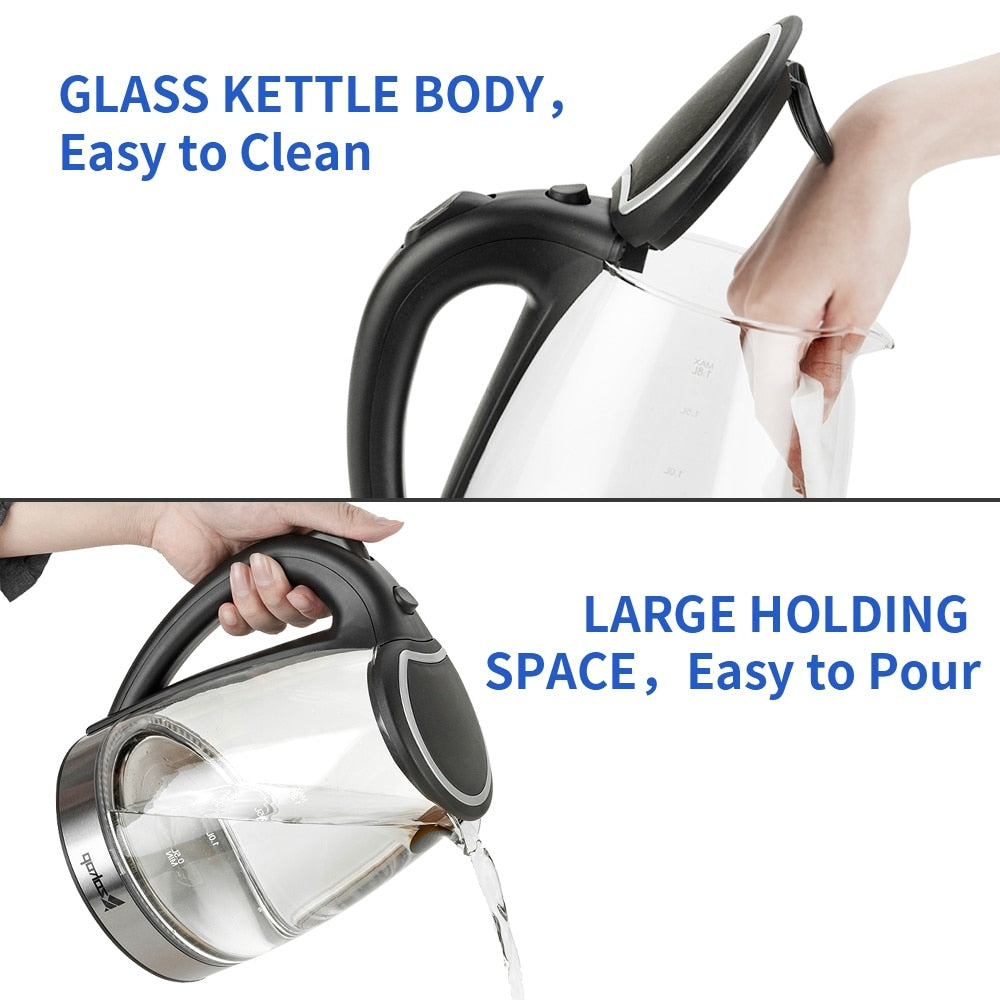 Elektrischer Teekessel aus Glas, 1500 W, 1,8 l, Heißwasserkessel mit automatischer Abschaltsicherung, Deckel und Boden aus Edelstahl