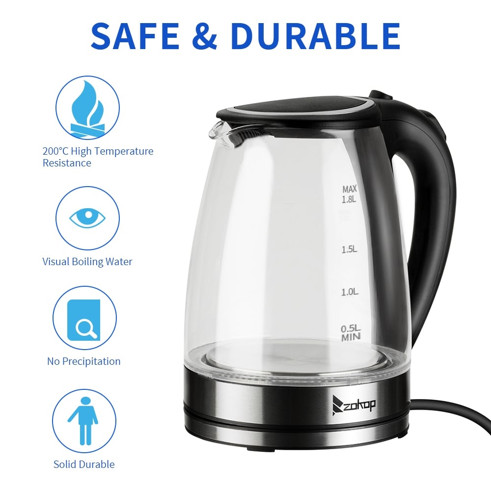 Elektrischer Teekessel aus Glas, 1500 W, 1,8 l, Heißwasserkessel mit automatischer Abschaltsicherung, Deckel und Boden aus Edelstahl