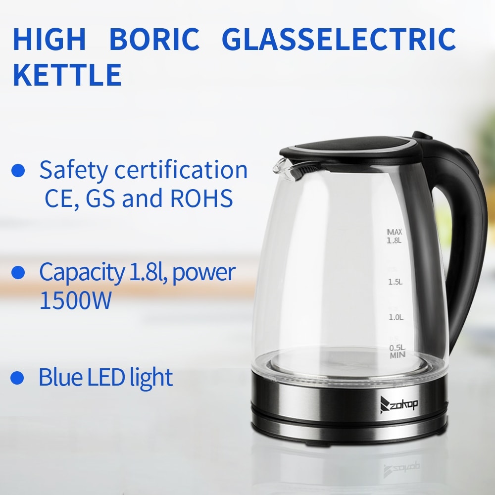 Elektrischer Teekessel aus Glas, 1500 W, 1,8 l, Heißwasserkessel mit automatischer Abschaltsicherung, Deckel und Boden aus Edelstahl