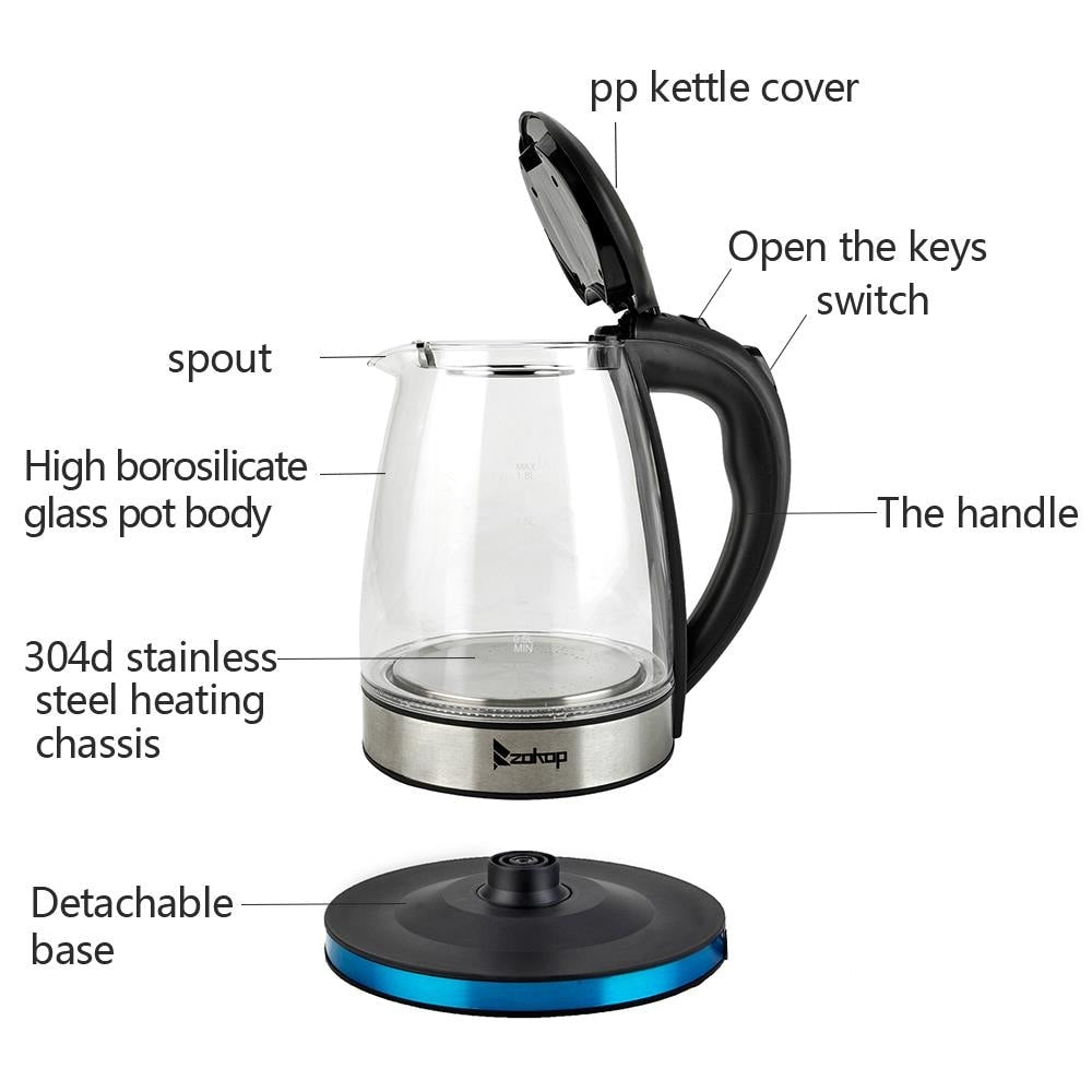 1500 W 1,8 l Wasserkocher, Wasserkocher, Glas Tee, Kaffeekanne, automatische Abschaltung