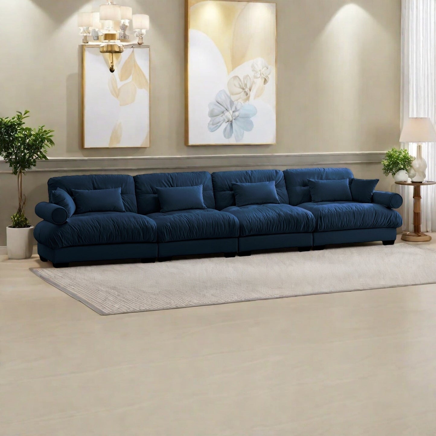 166Velvet 4-Seater Sofa with Bolster Armrests, High-Resilience Sponge Cushions