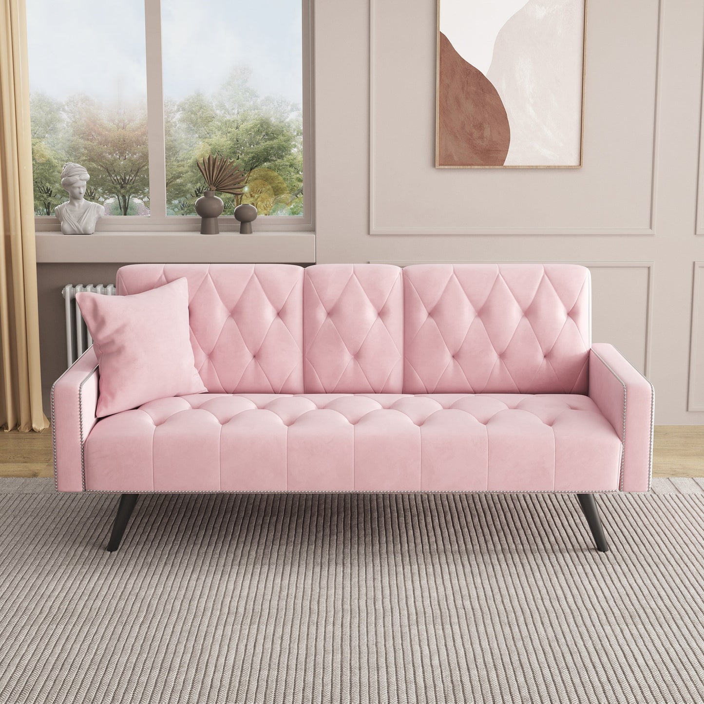 1730 Sofa Bed Armrest with Nail Head Trim with Two Cup Holders 72 Pink Velvet Sofa for Small Spaces