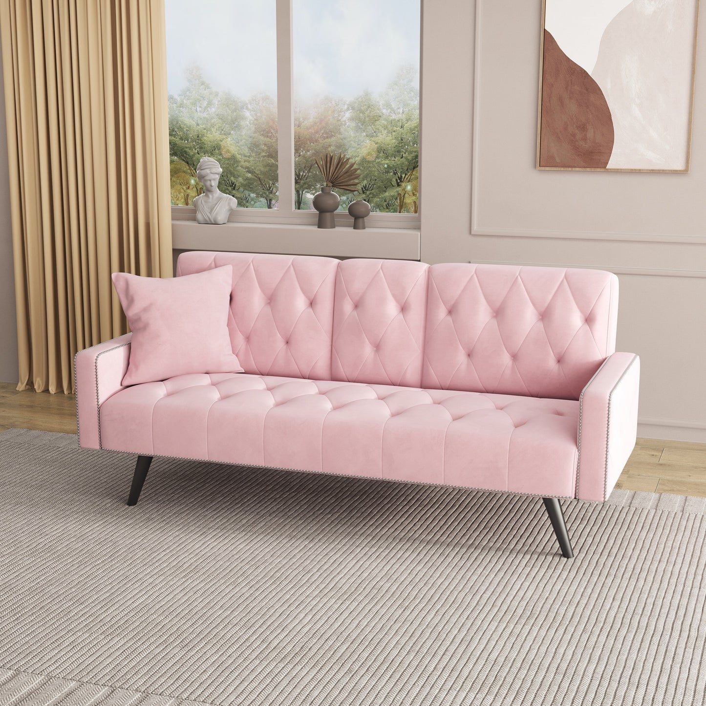 1730 Sofa Bed Armrest with Nail Head Trim with Two Cup Holders 72 Pink Velvet Sofa for Small Spaces