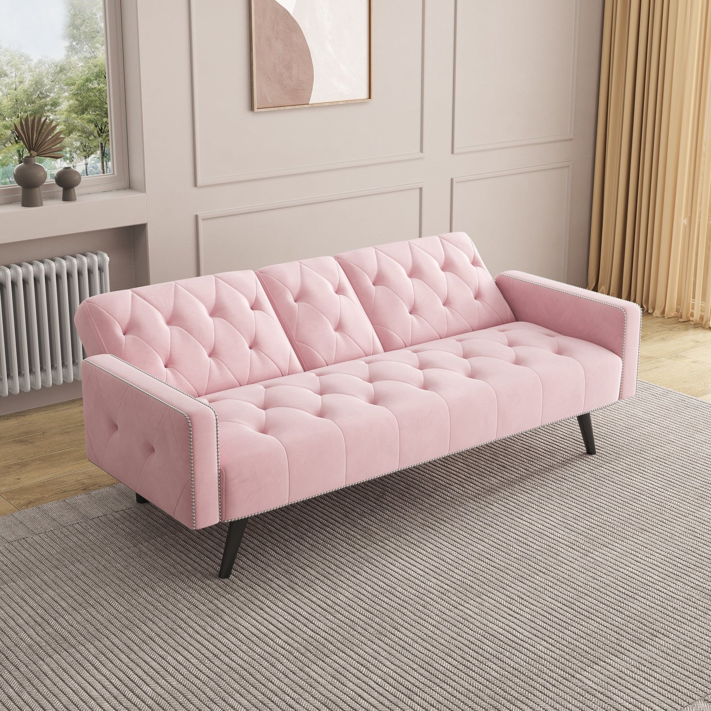 1730 Sofa Bed Armrest with Nail Head Trim with Two Cup Holders 72 Pink Velvet Sofa for Small Spaces