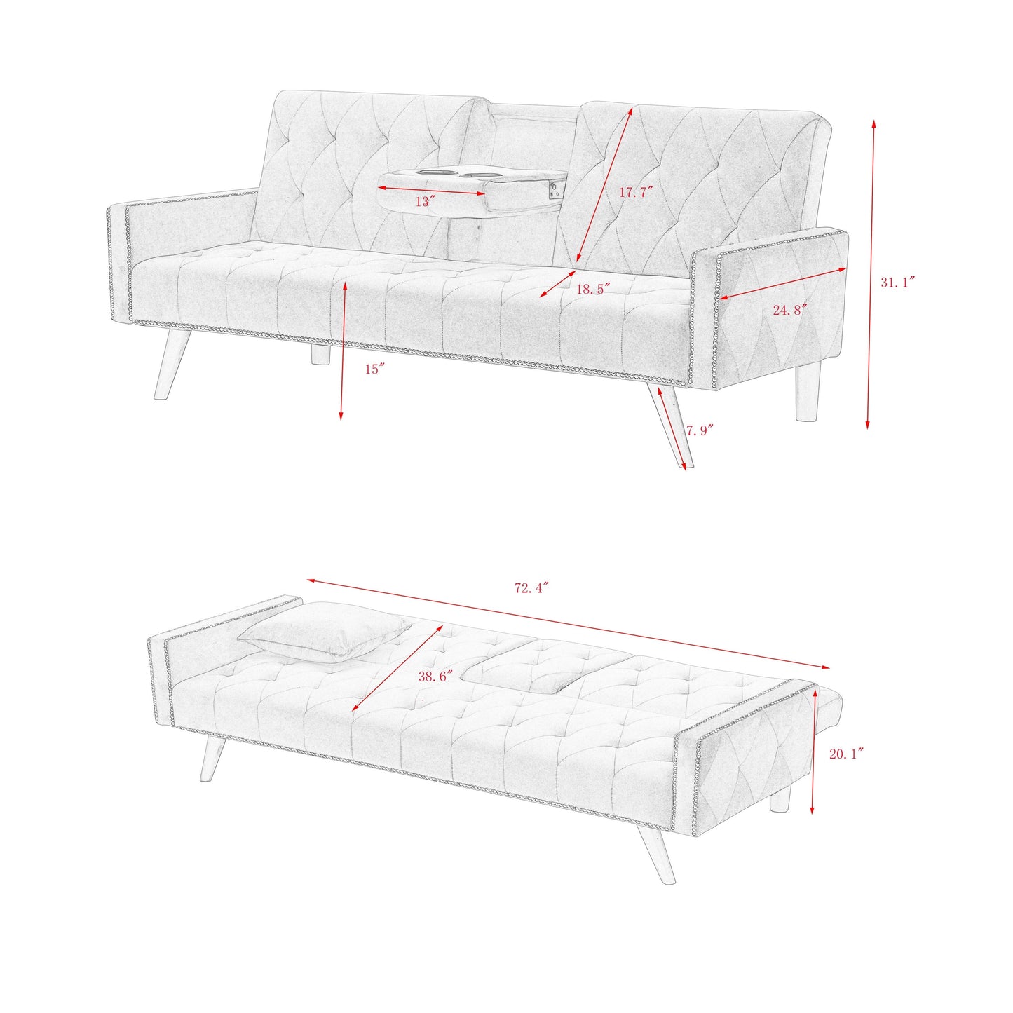 1730 Sofa Bed Armrest with Nail Head Trim with Two Cup Holders 72 Pink Velvet Sofa for Small Spaces