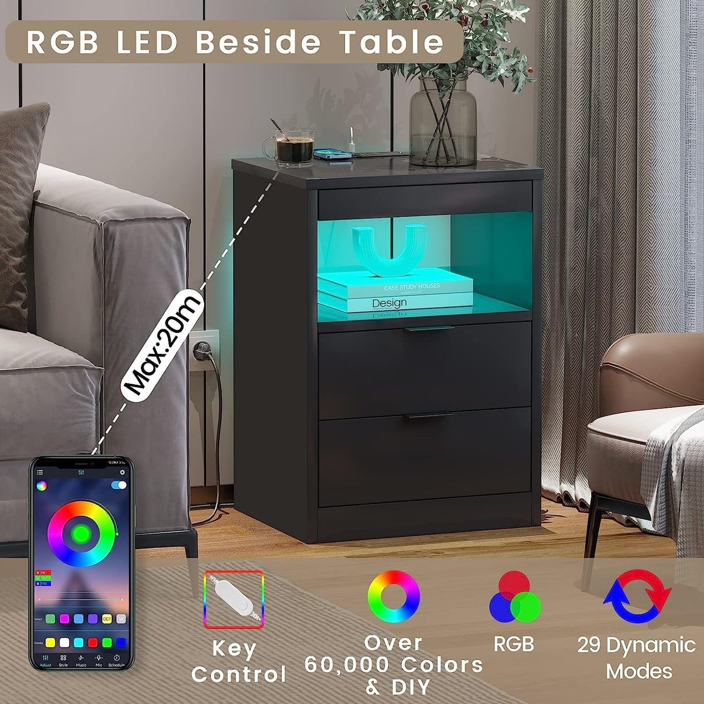 2 Schubladen LED-Nachttisch Kabellose Ladestation Ausziehbares Regal