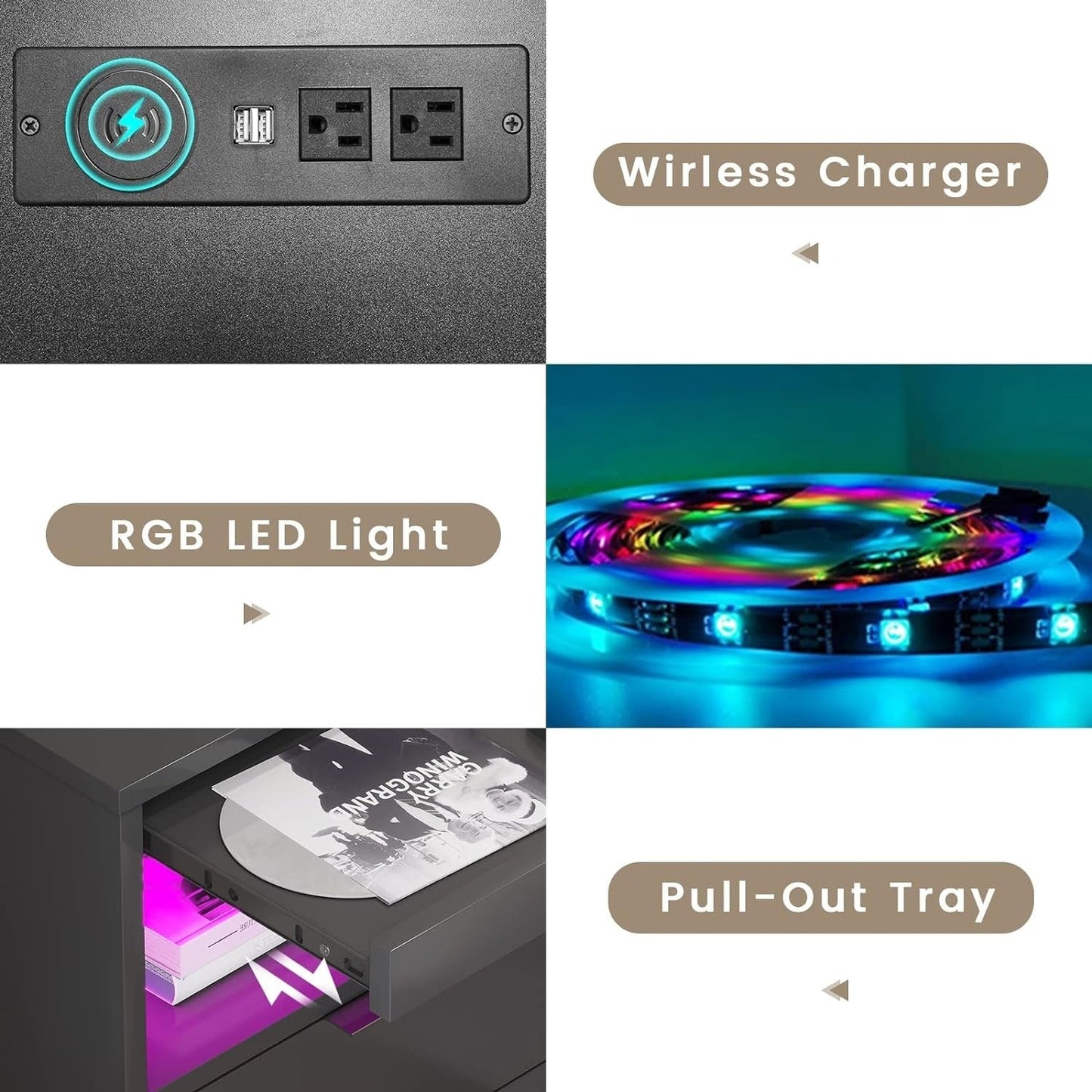 2 Schubladen LED-Nachttisch Kabellose Ladestation Ausziehbares Regal