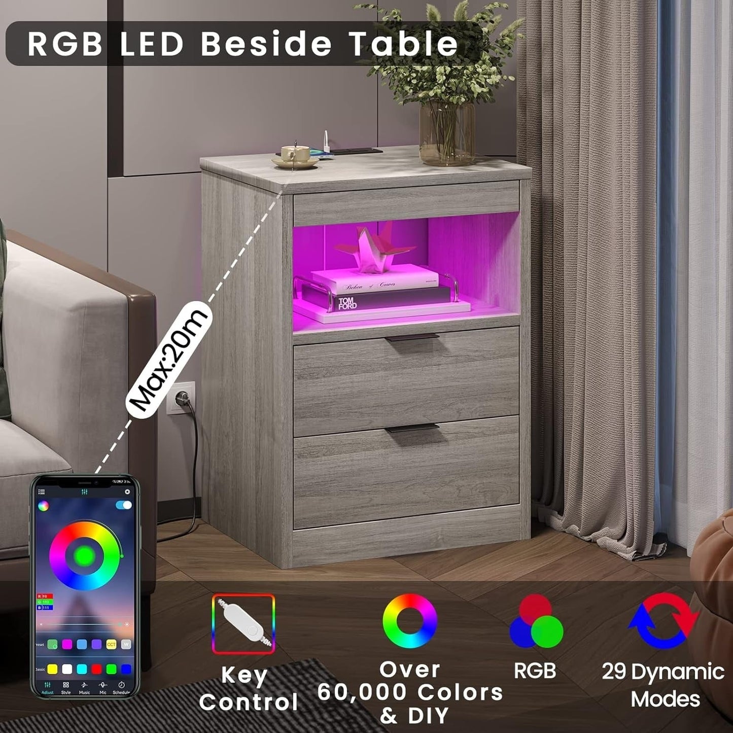 2 Schubladen LED-Nachttisch Kabellose Ladestation Ausziehbares Regal