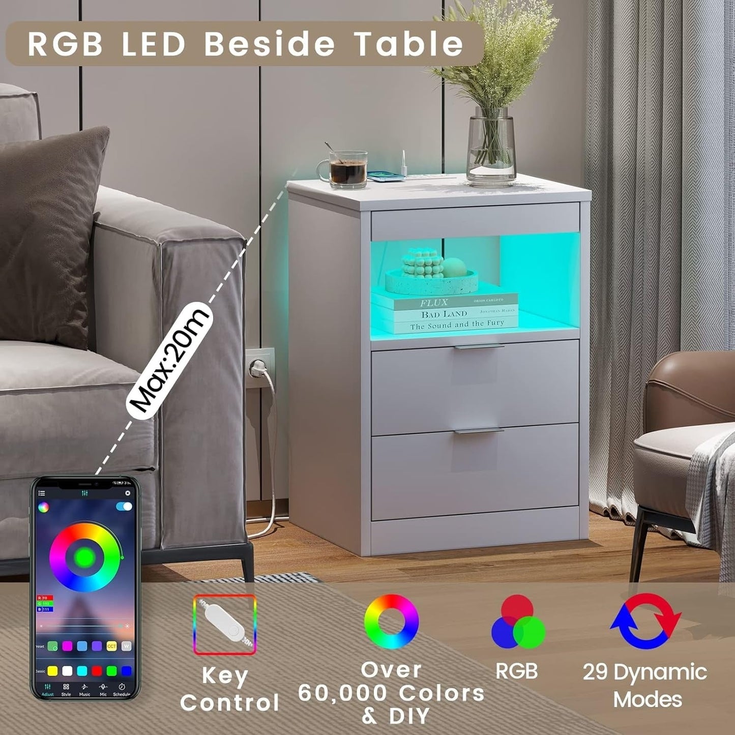 2 Schubladen LED-Nachttisch Kabellose Ladestation Ausziehbares Regal