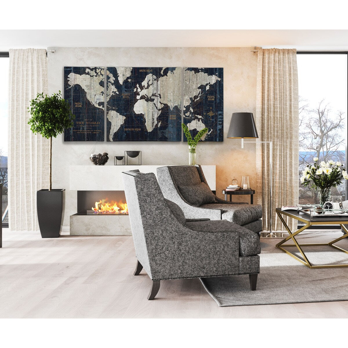 3-teiliges Leinwandbild-Set „Old World Map Blue“