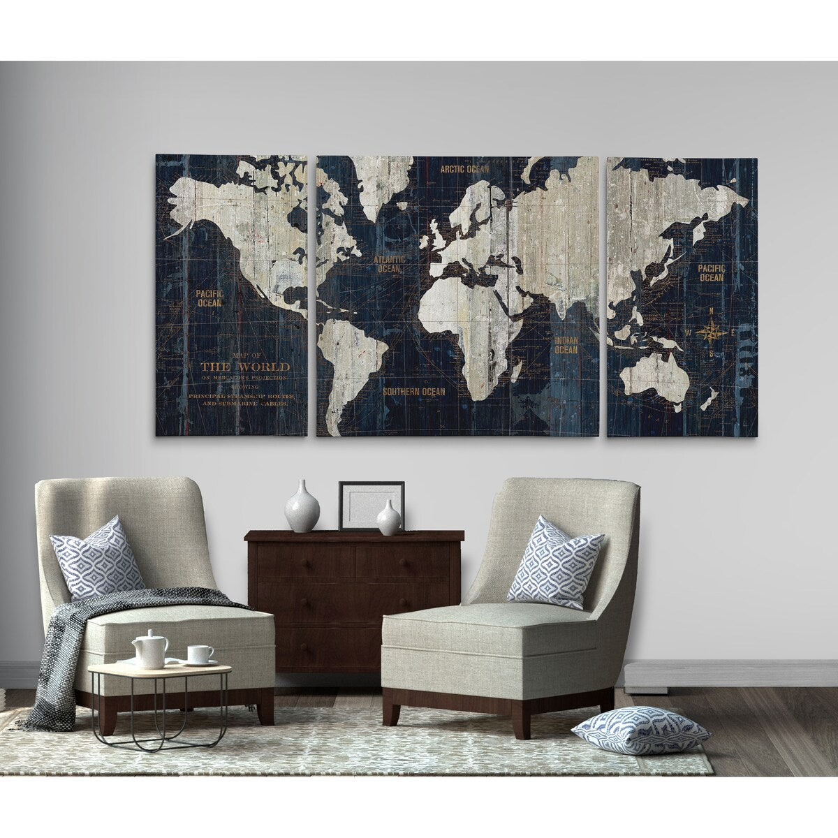 3-teiliges Leinwandbild-Set „Old World Map Blue“
