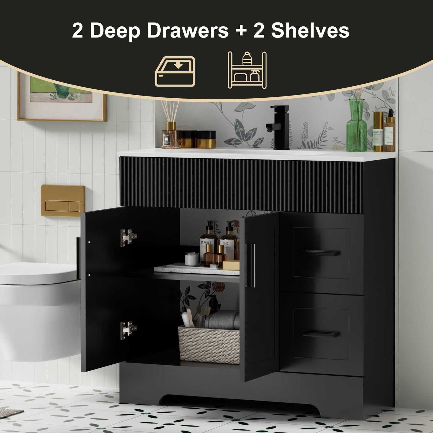 Wavy Line 30/36/48 Badezimmer-Waschtisch-Set mit Waschbecken und Wasserhahn