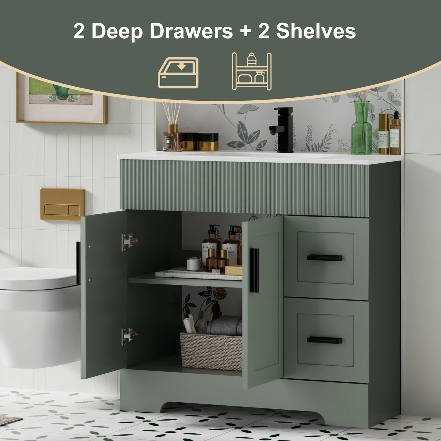 Wavy Line 30/36/48 Badezimmer-Waschtisch-Set mit Waschbecken und Wasserhahn