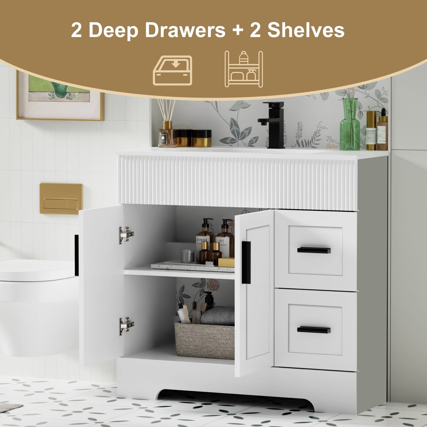 Wavy Line 30/36/48 Badezimmer-Waschtisch-Set mit Waschbecken und Wasserhahn