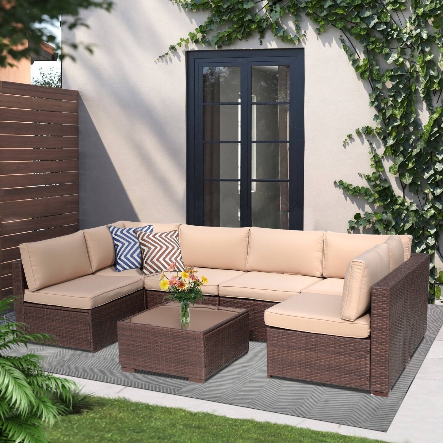 7-teiliges gepolstertes Outdoor-Sofa-Set aus Korbgeflecht/Stahl
