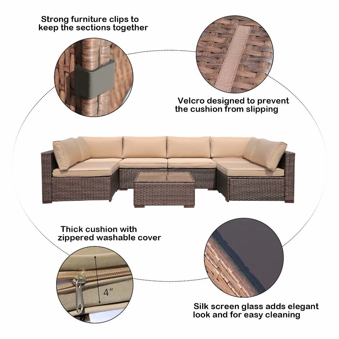 7-teiliges gepolstertes Outdoor-Sofa-Set aus Korbgeflecht/Stahl