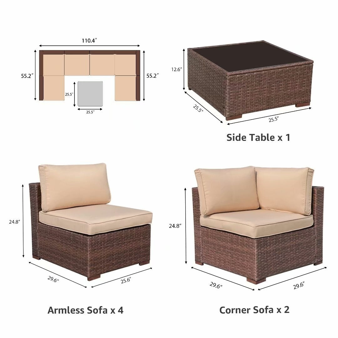 7-teiliges gepolstertes Outdoor-Sofa-Set aus Korbgeflecht/Stahl