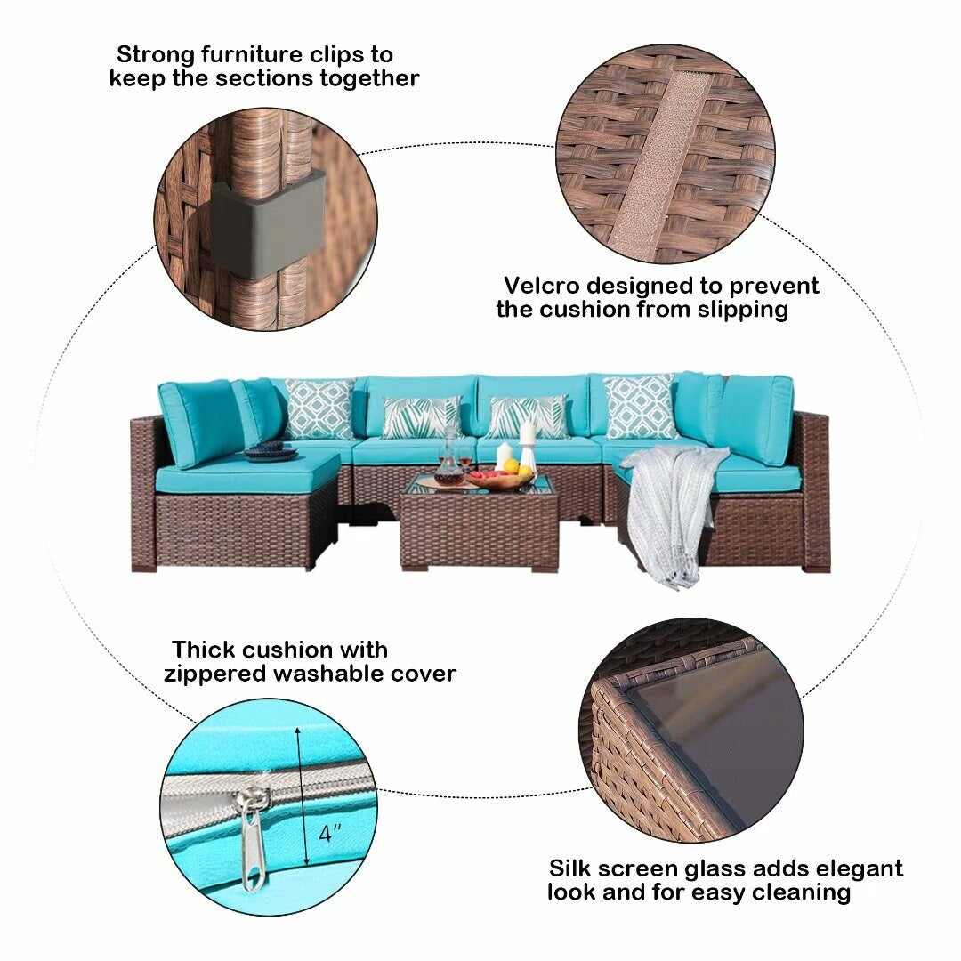 7-teiliges gepolstertes Outdoor-Sofa-Set aus Korbgeflecht/Stahl
