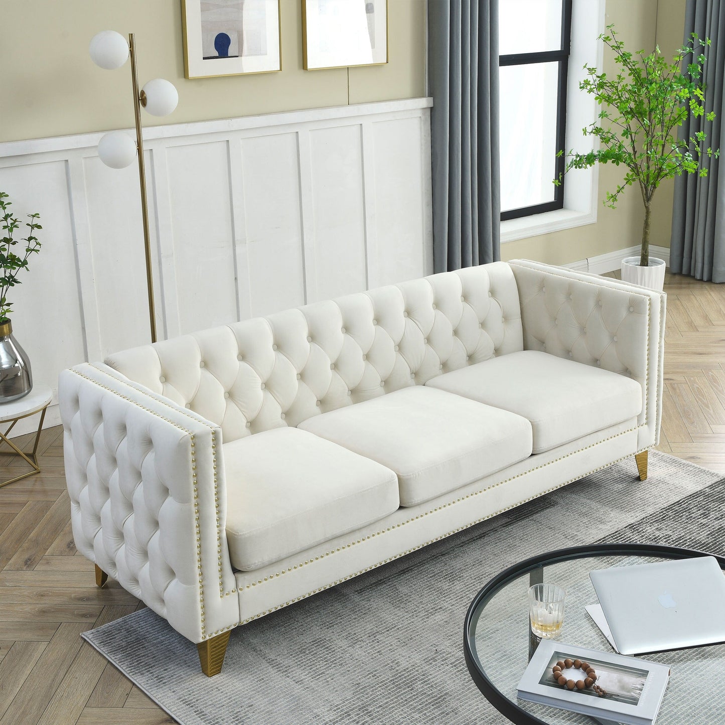 {Contact us for 3D modeling} Velvet Sofa for Living Room,Buttons Tufted Square Arm Couch, Modern Couch Upholstered Button and Me