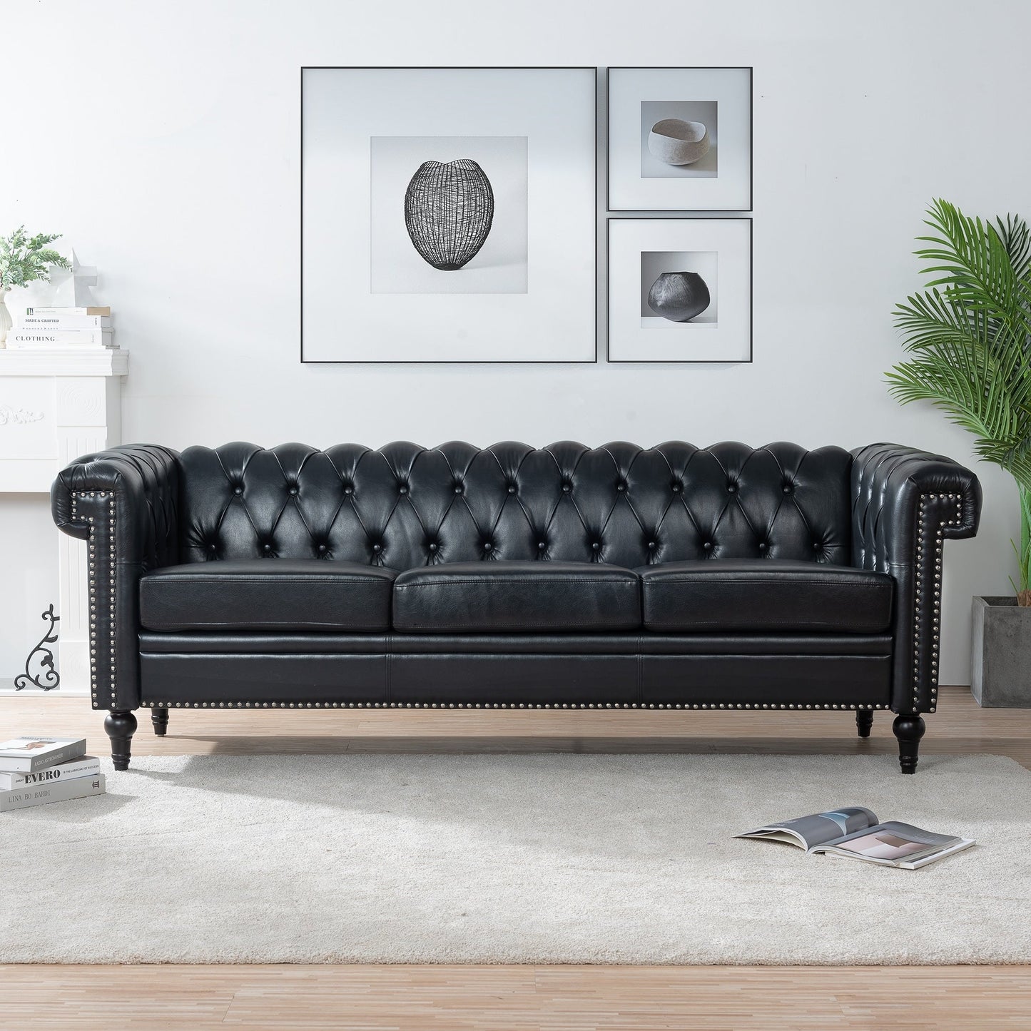 Traditional Square Arm Tufted Upholstery Three-Seater Sofa - 32.68 x 83.66 x 29.53