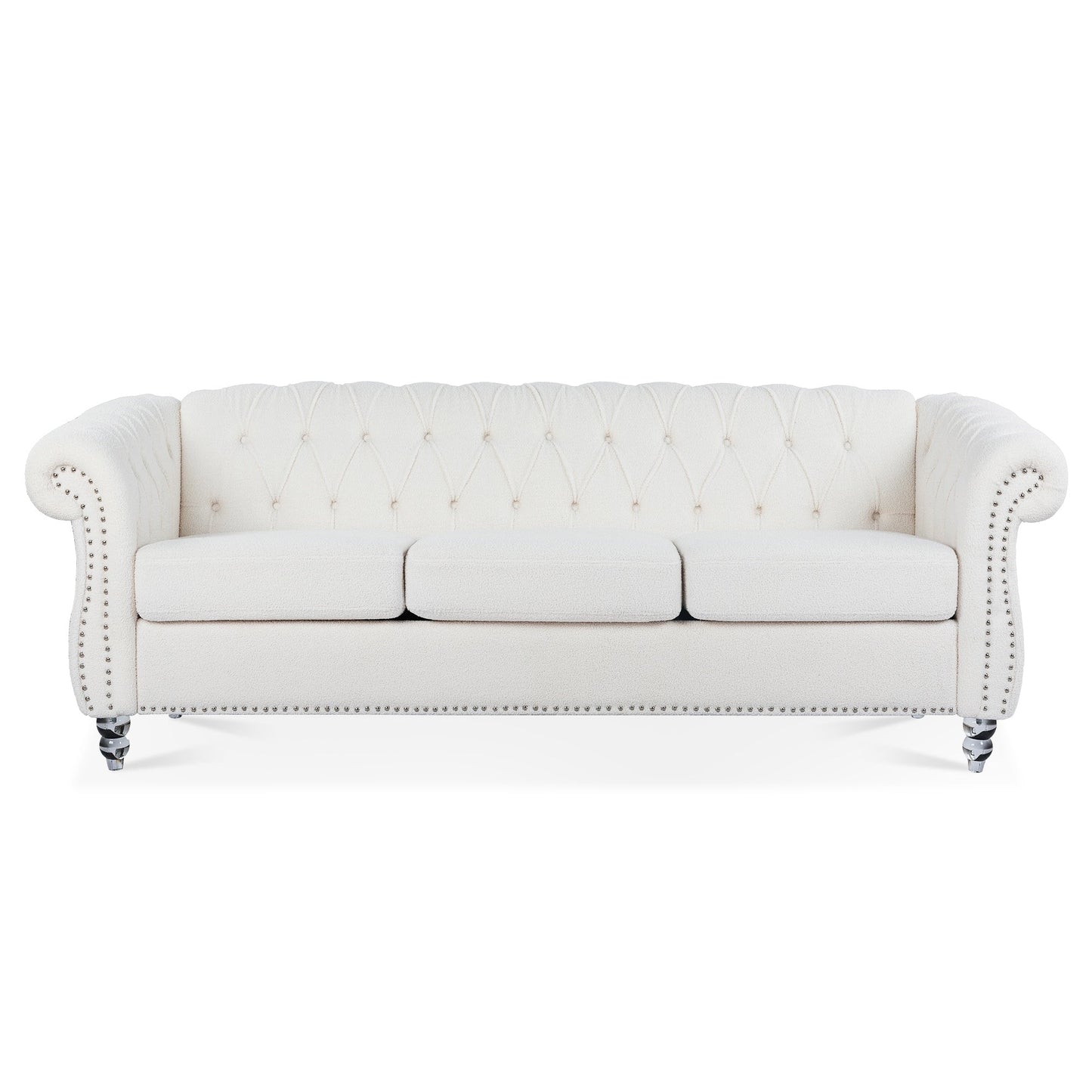 Nordic White Tufted Rolled Arm Upholstered Sofa - 32.09 x 84.65 x 28.35