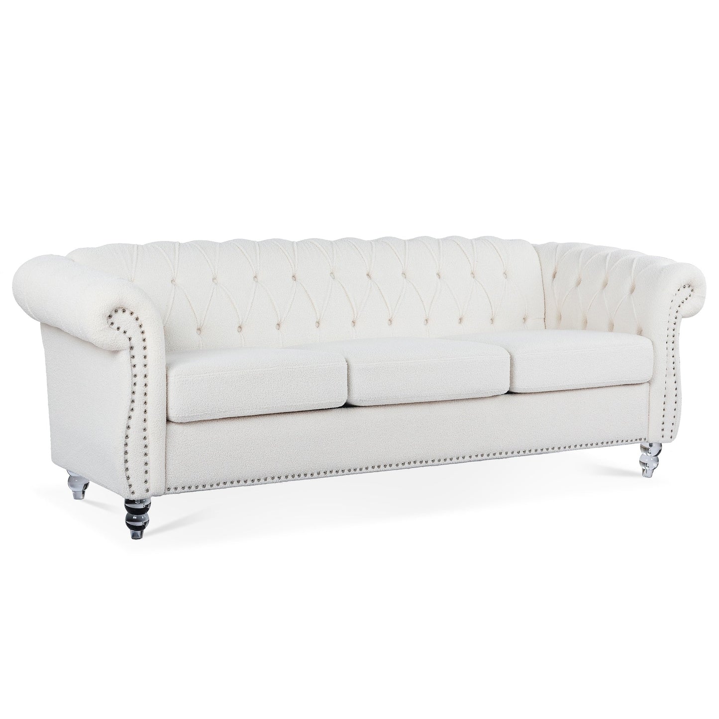 Nordic White Tufted Rolled Arm Upholstered Sofa - 32.09 x 84.65 x 28.35