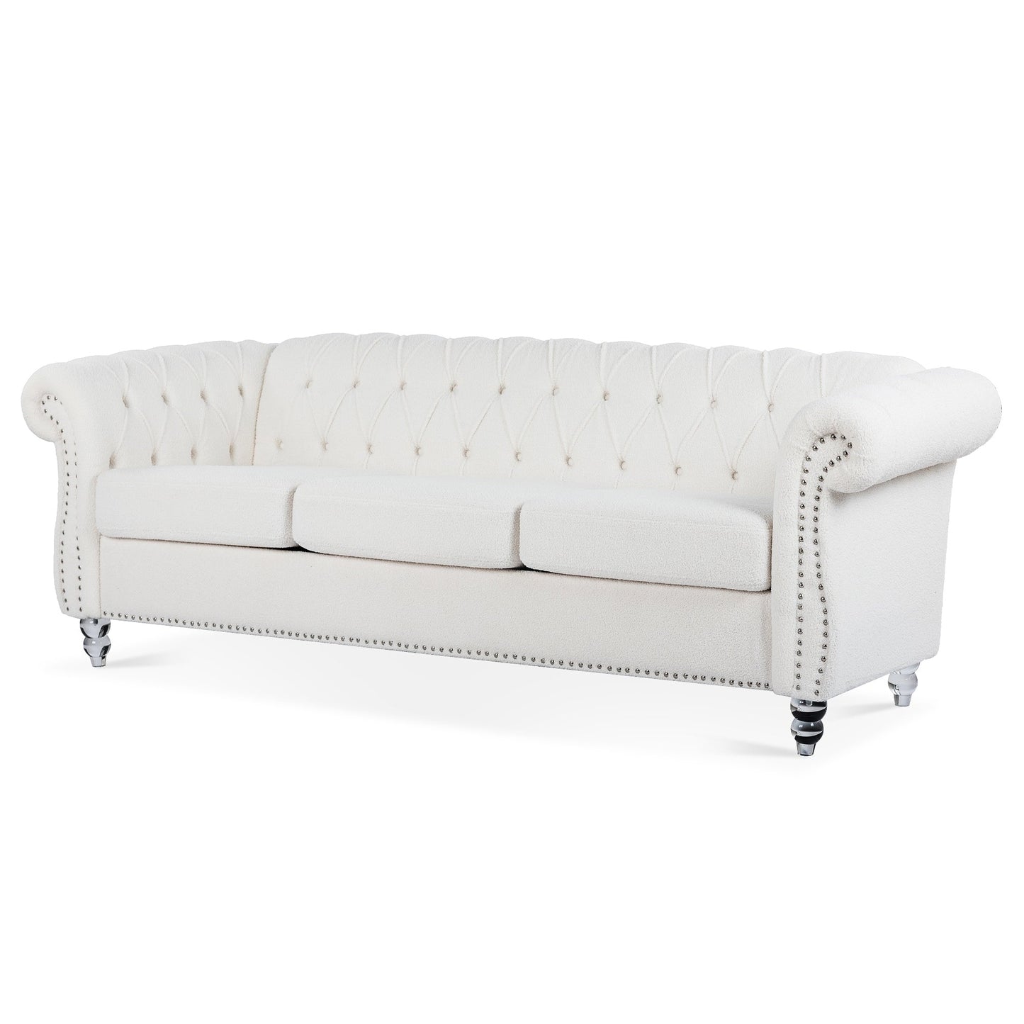 Nordic White Tufted Rolled Arm Upholstered Sofa - 32.09 x 84.65 x 28.35