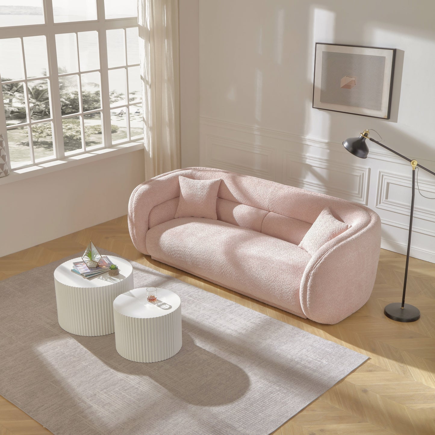 Modern Contemporary 91 Upholstered Curved Sofa With 2 Pillows for Living Room