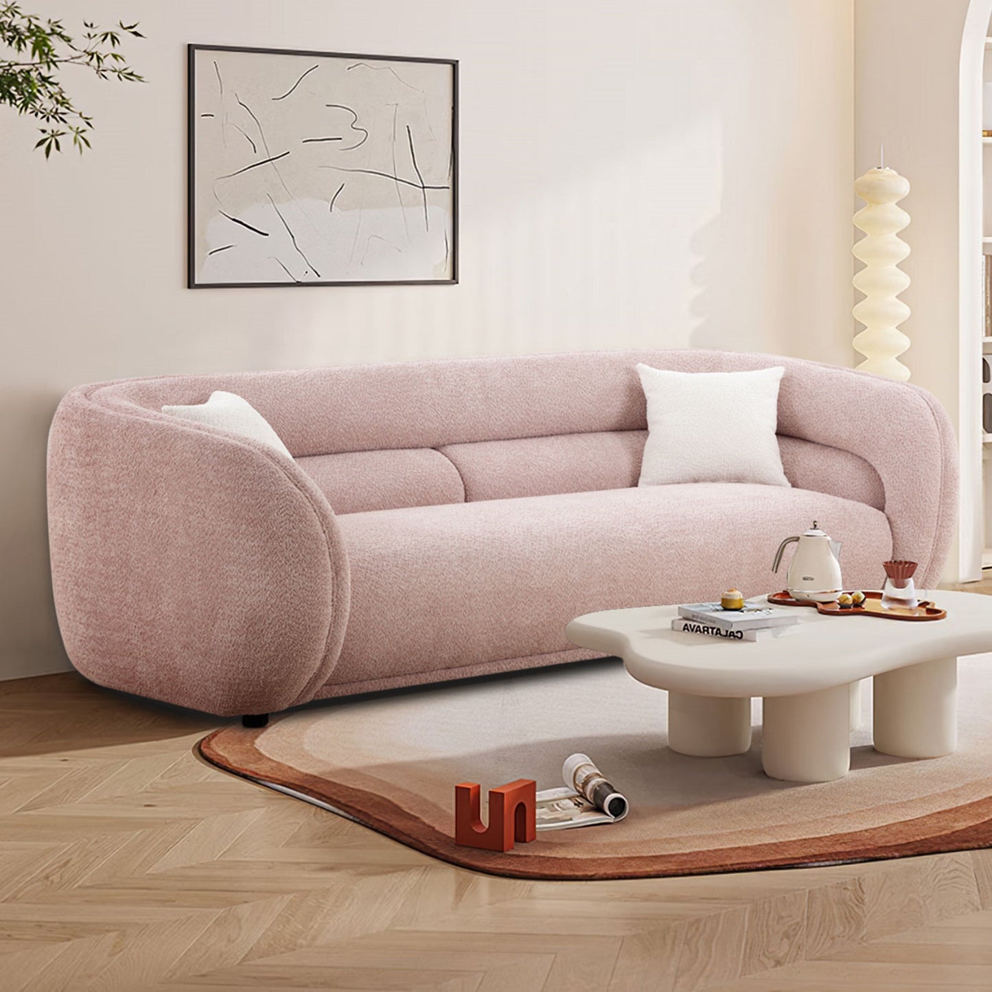 Modern Contemporary 91 Upholstered Curved Sofa With 2 Pillows for Living Room