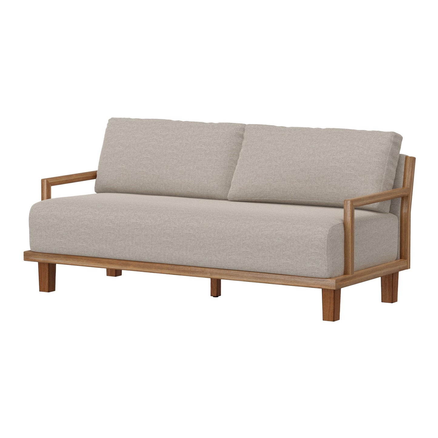Asic Sofa, Beige Polyester, Camel Brown Solid Pine Wood Frame, 69 Inch