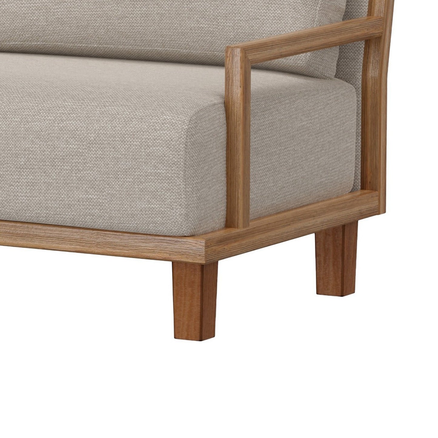 Asic Sofa, Beige Polyester, Camel Brown Solid Pine Wood Frame, 69 Inch