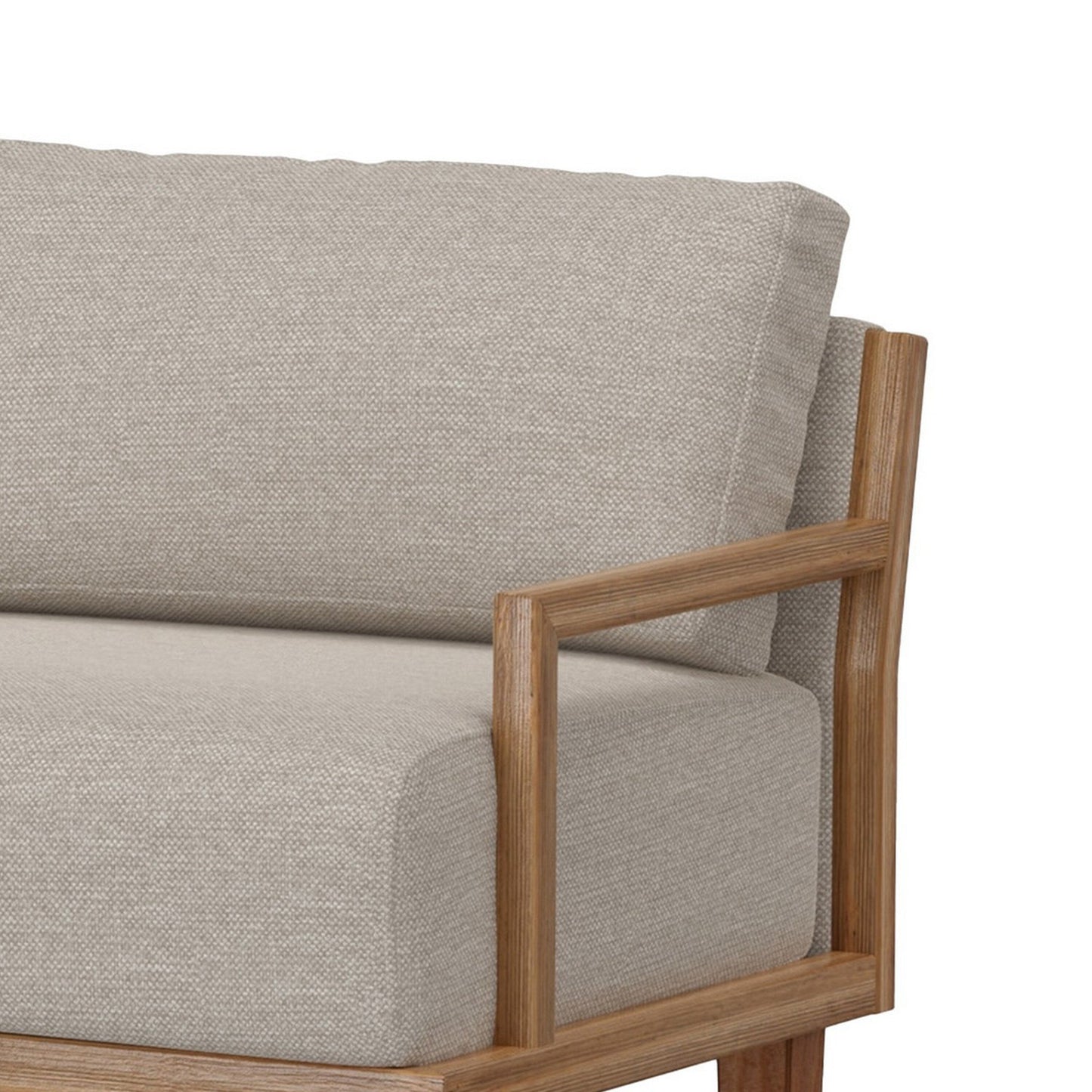 Asic Sofa, Beige Polyester, Camel Brown Solid Pine Wood Frame, 69 Inch