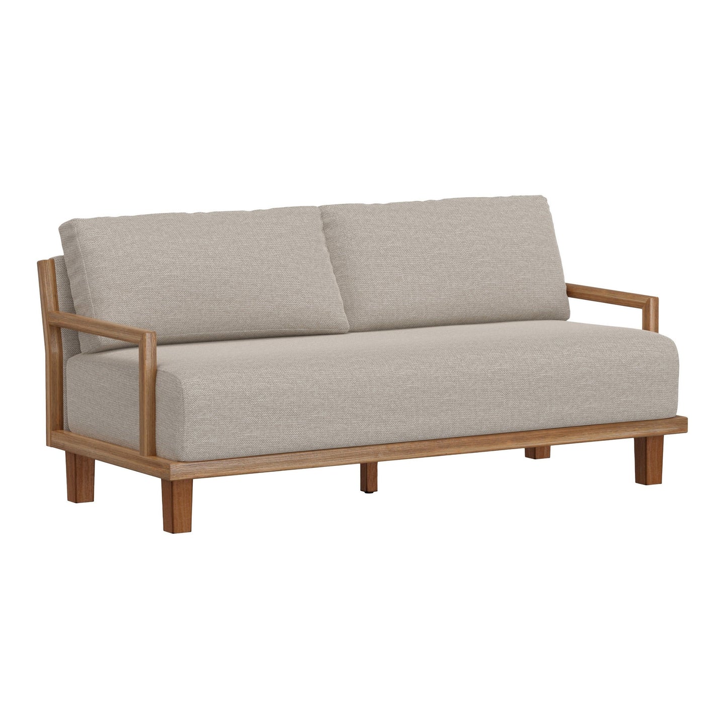 Asic Sofa, Beige Polyester, Camel Brown Solid Pine Wood Frame, 69 Inch