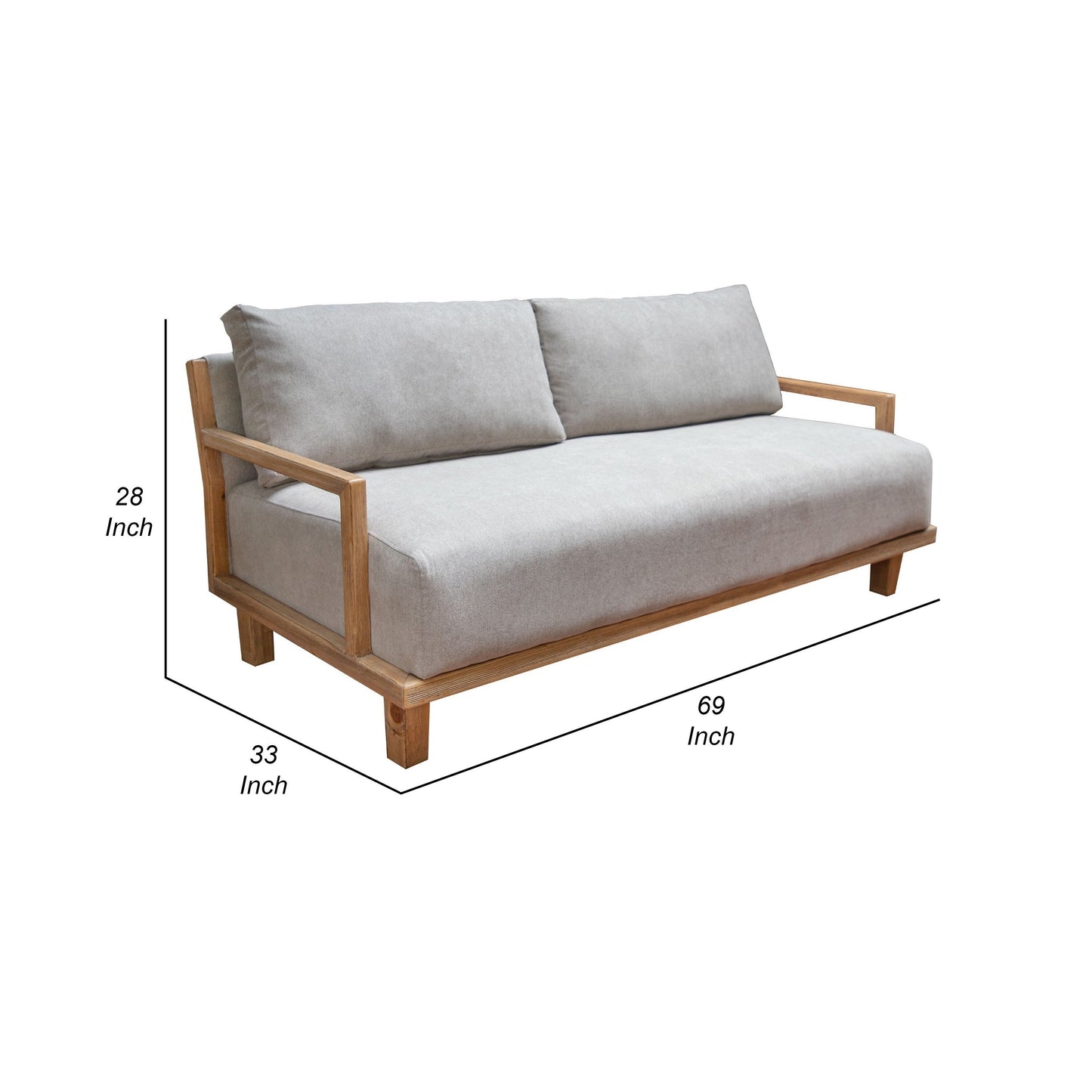 Asic Sofa, Beige Polyester, Camel Brown Solid Pine Wood Frame, 69 Inch