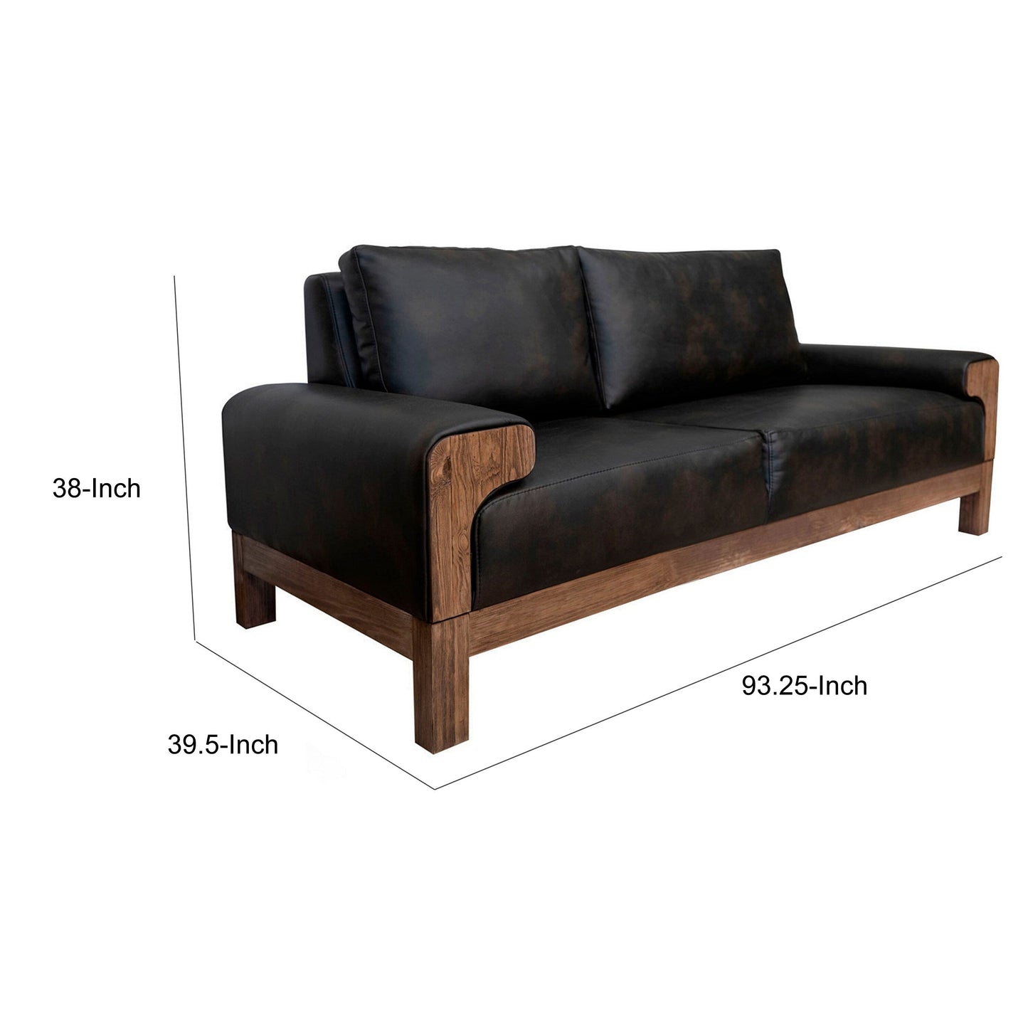 Caisy Sofa, Black Faux Leather, Caramel Solid Wood Frame, 93 Inch