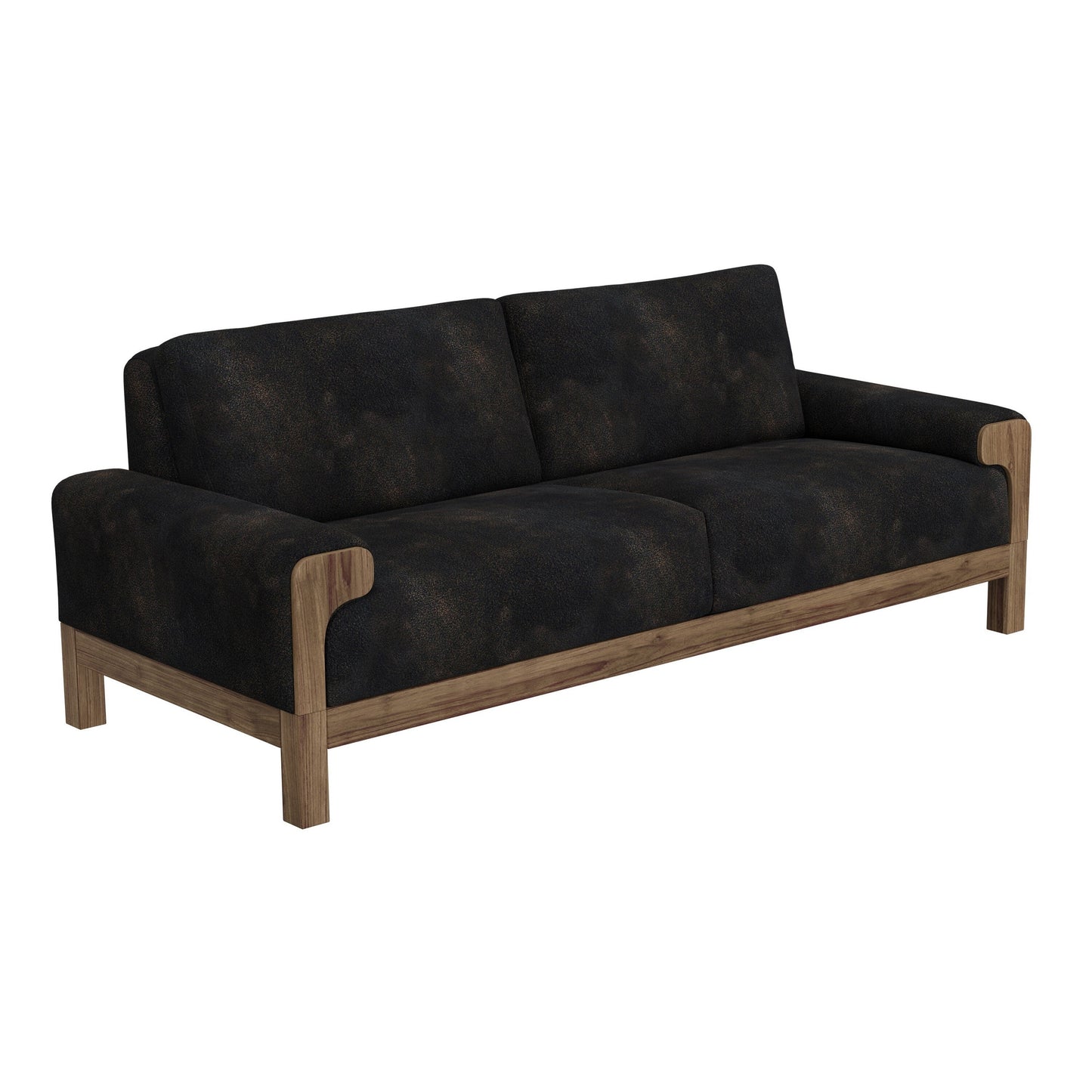 Caisy Sofa, Black Faux Leather, Caramel Solid Wood Frame, 93 Inch