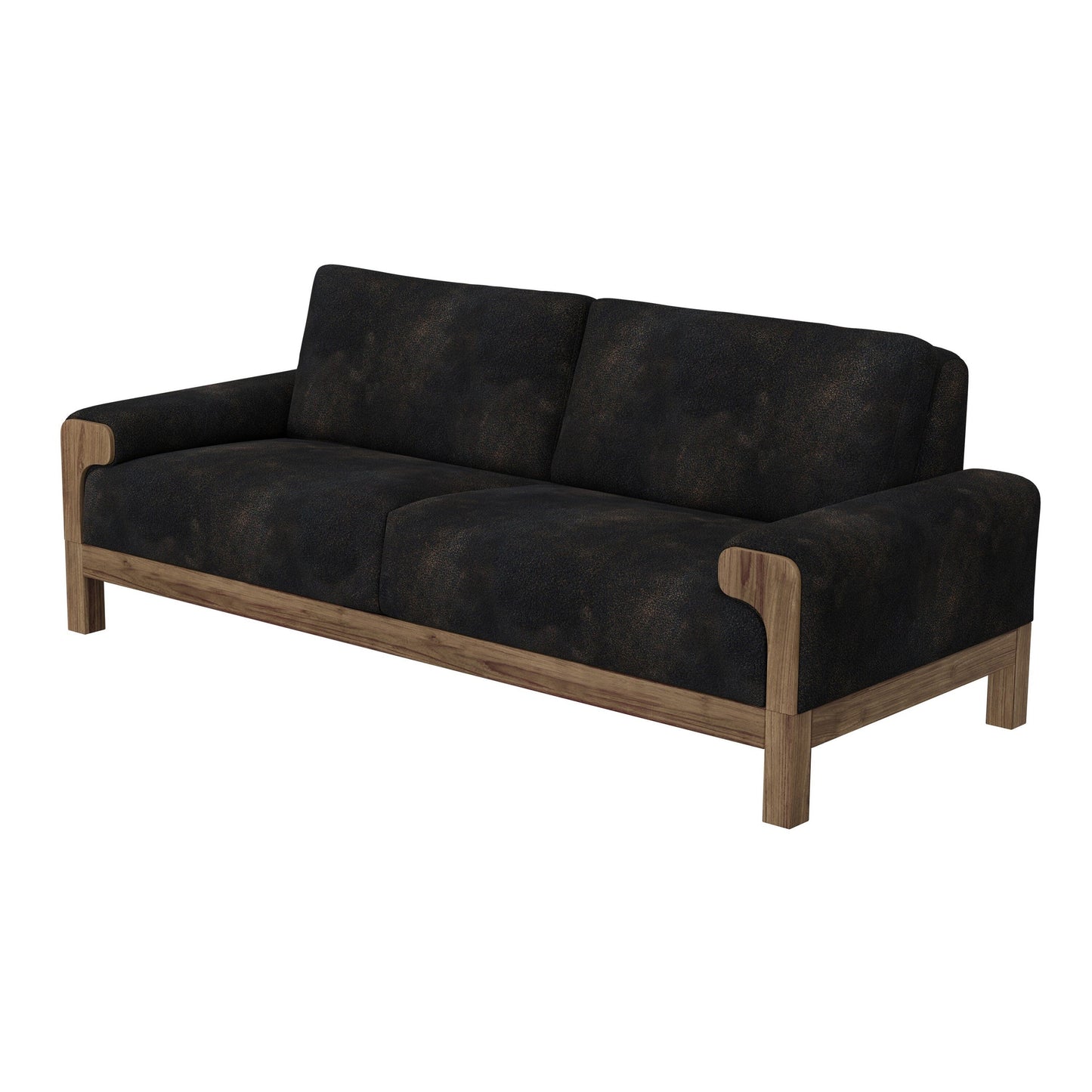 Caisy Sofa, Black Faux Leather, Caramel Solid Wood Frame, 93 Inch
