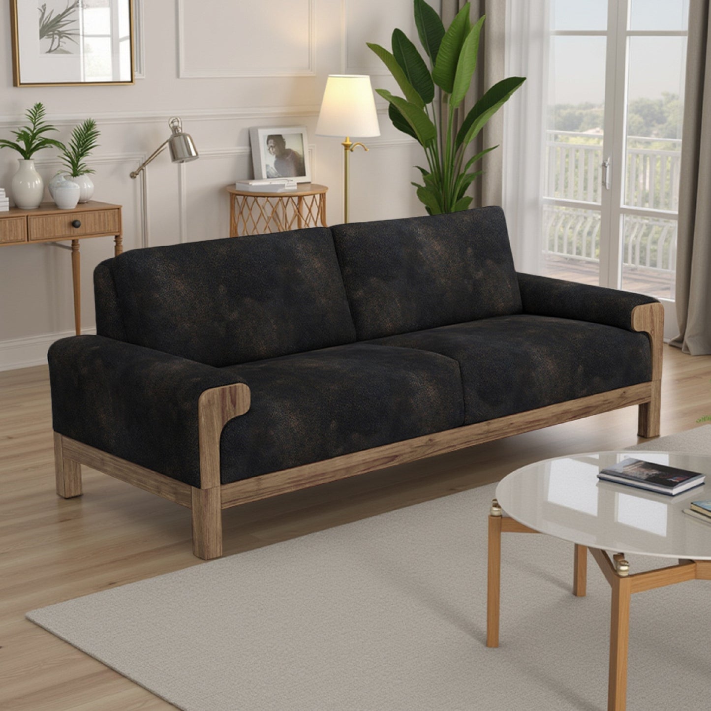 Caisy Sofa, Black Faux Leather, Caramel Solid Wood Frame, 93 Inch