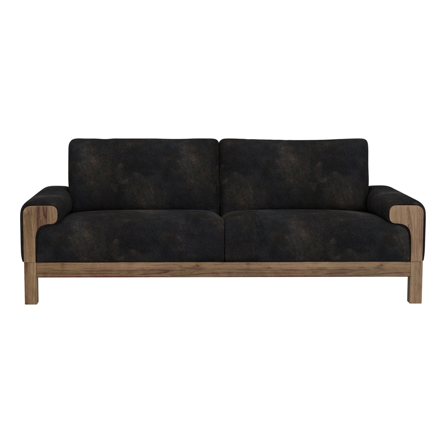 Caisy Sofa, Black Faux Leather, Caramel Solid Wood Frame, 93 Inch