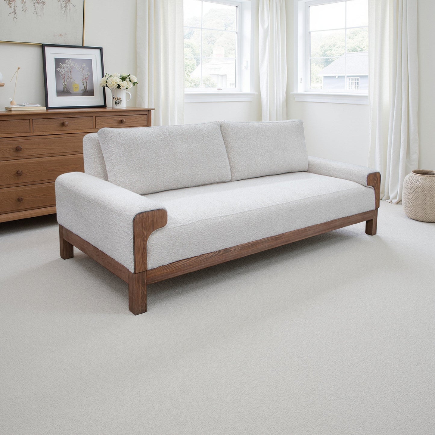 Caisy Sofa, Ivory Polyester, Foam Cushions, Solid Pine Wood Frame, 93 Inch